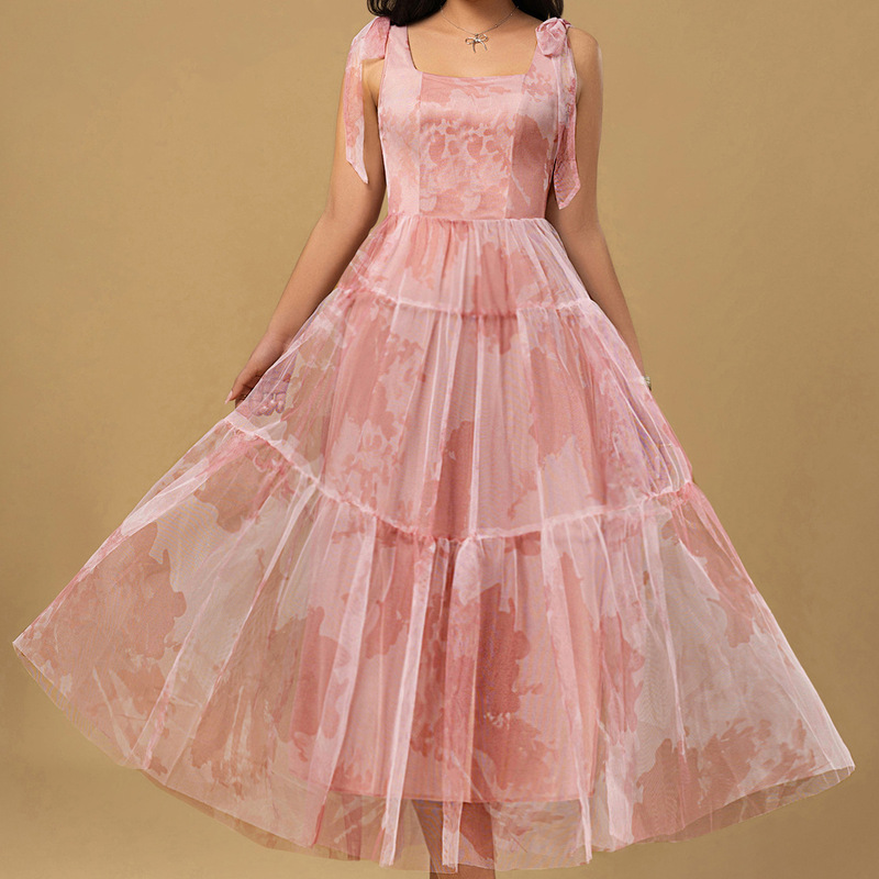 Cross-Border Elegant Wedding Guest Dress A-Line Sleeveless Strap Knotted Mid-Length Women's Bridesmaid Dress