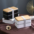 跨境日式木纹饭盒双层密封防漏家用微波炉便当盒餐具厂家批发套装