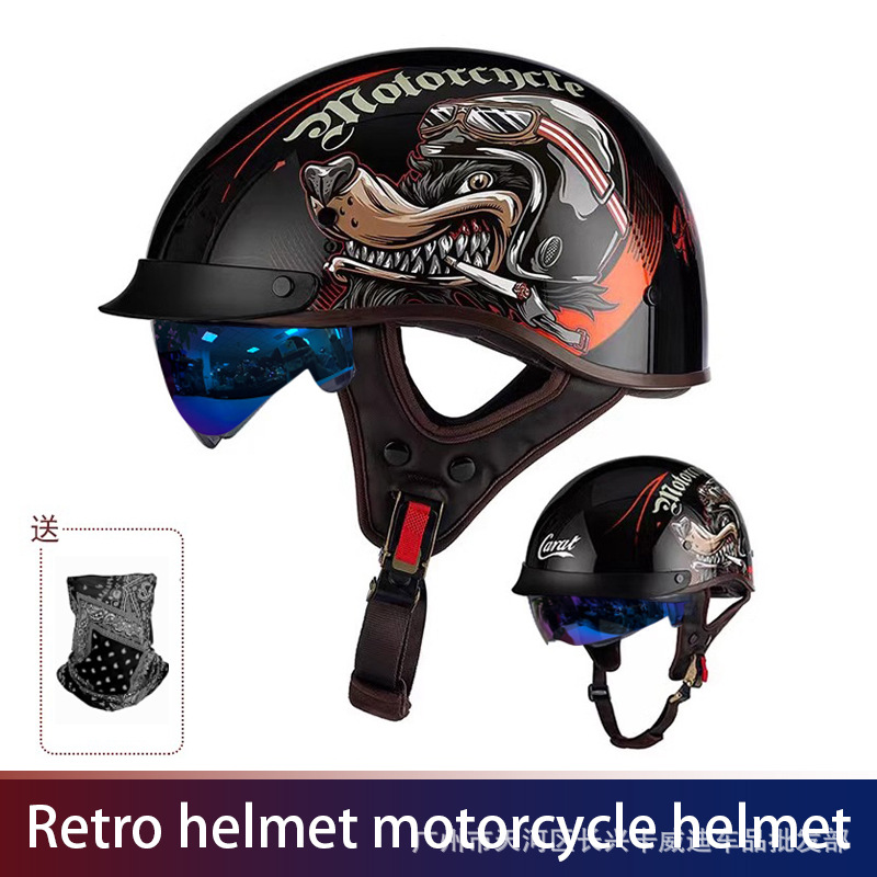Motosiklet kaskı (dəbilqə) — Ha Lei Retro Half - 015-gloss-black-cyclone-dog-with-mask-m