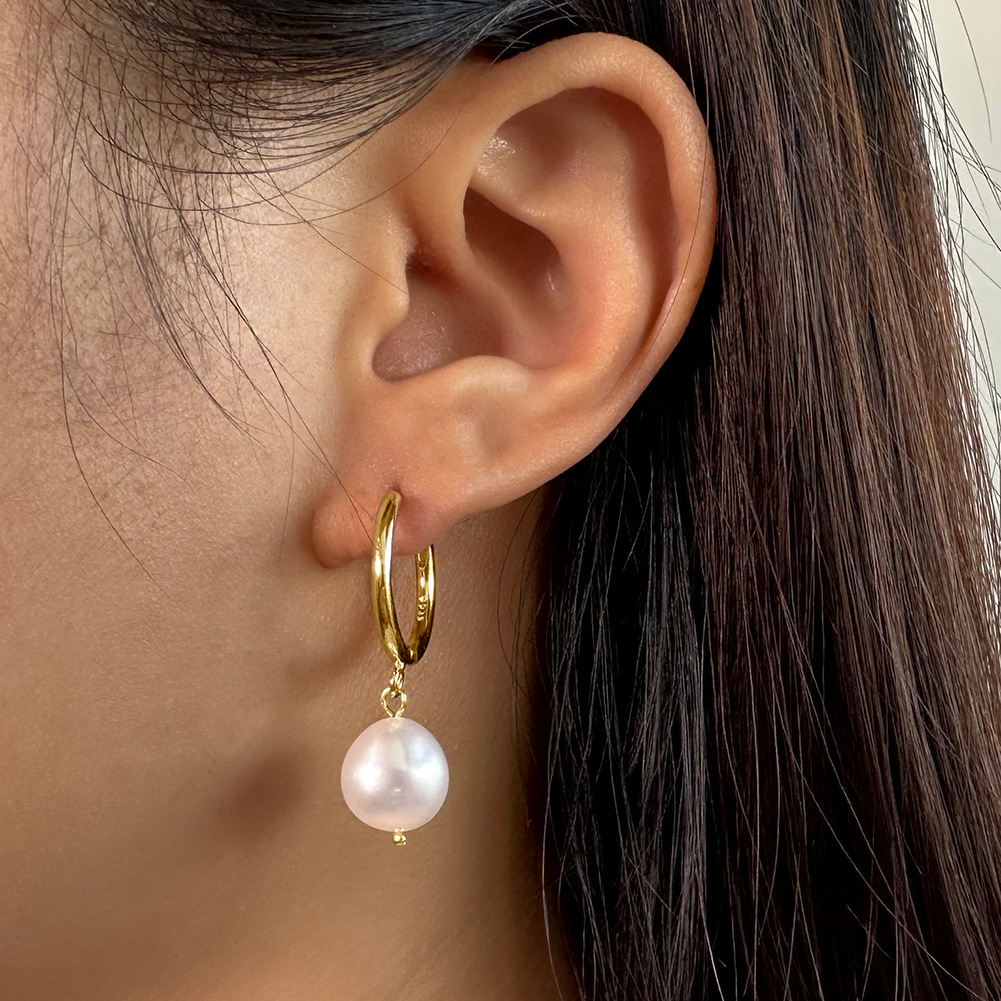Stone-Free, Freshwater Pearl Inlay Material Drop Earrings Classification 1 Pair 925 Sterling Silver Freshwater Pearl Round Drop Earrings
