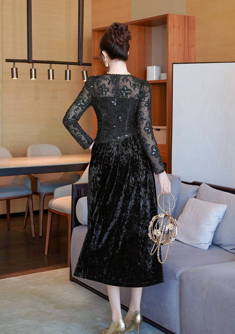 Đầm maxi nữ cổ vuông nhung thêu tay bồng thắt eo — đen chi tiết 15