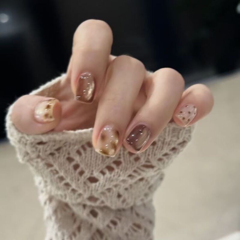 [Autumn Chestnut Tea] Brown cat-eye leopard print polka dot, handmade nail art, unique design, Korean-style nail stickers