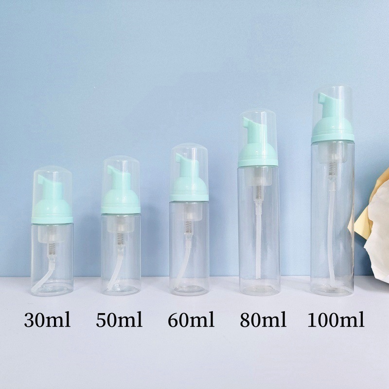 30 dientes PET mousse transparente botella 30ml100ml limpiador facial espuma botella champú espuma botella de pie en stock