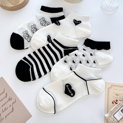 夏季新款短筒襪女 黑白暗花船襪網眼日系學院風女襪百搭休閒短襪