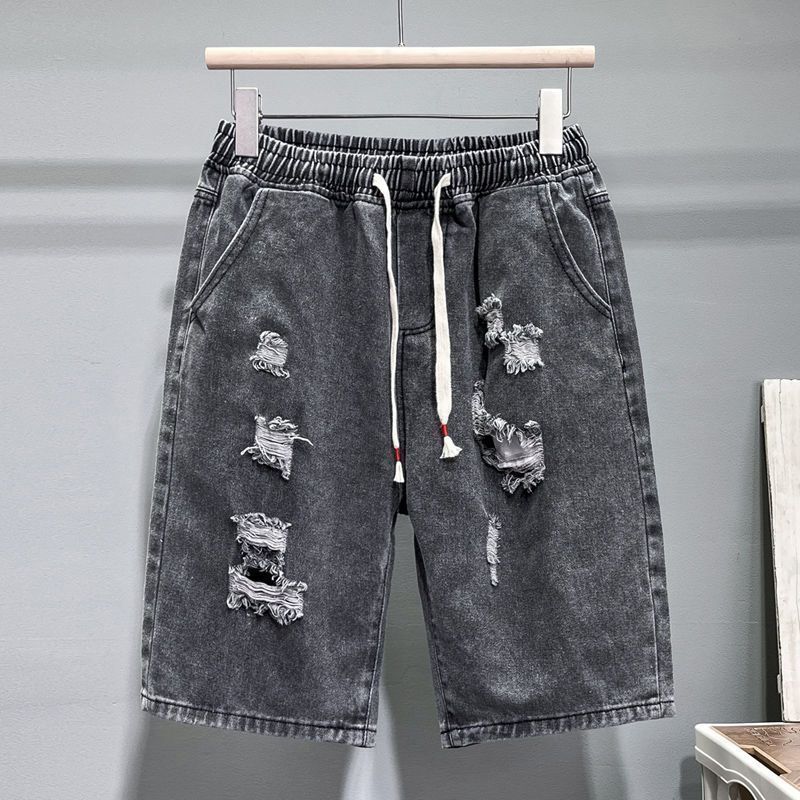 Thin Ripped Beggar Denim Shorts Men's 2024 Summer High Street Fashionable Loose Straight Pants Casual
