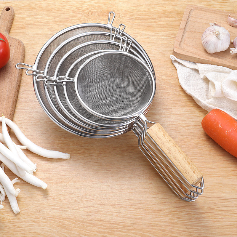 Cuchara de acero inoxidable cuchara de barrera de aceite mango de madera cuchara de pesca de frita de doble oreja cocina de mano utensilios de cocina para hornear tamiz de malla de fugas de harina