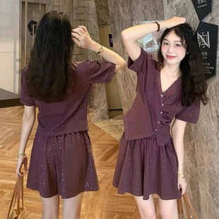 Sequin Hollow High-End Fashion Suit for Women Summer New Style Casual Off-Shoulder Short-Sleeved Wide-Leg Pants Two-Piece Trendy Set