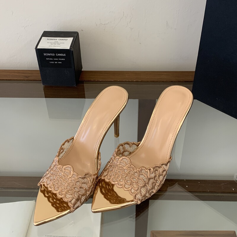 In-Stock French-Style Champagne Lace Ultra-High Heel Slippers Versatile Thin Heel Socialite Pointed Toe 7-9cm Wholesale In-Stock French-Style Champagne Lace Ultra-High Heel Slippers Versatile Thin Heel Socialite Pointed Toe 7-9cm Wholesale