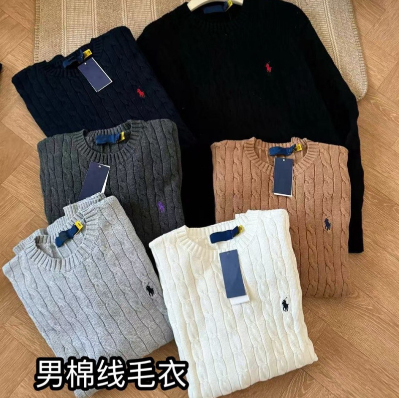 High-quality, classic warhorse embroidered cotton yarn cable-knit crew-neck long-sleeve pullover sweater, thickened men's knitwear