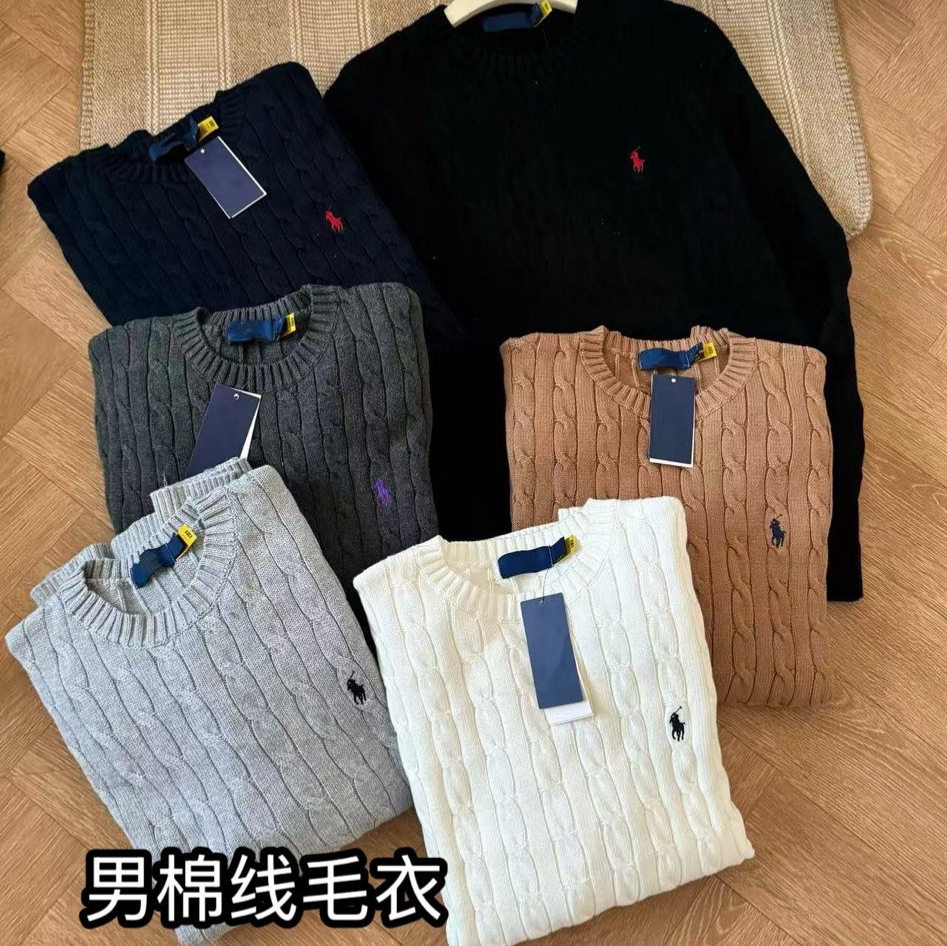 Áo len nam cổ tròn tay dài chui đầu dệt kim vặn thừng thêu hình ngựa chiến, dày dặn — Màu kaki đậm, Màu trắng, Màu xanh tím than, Màu xám nhạt chi tiết 6