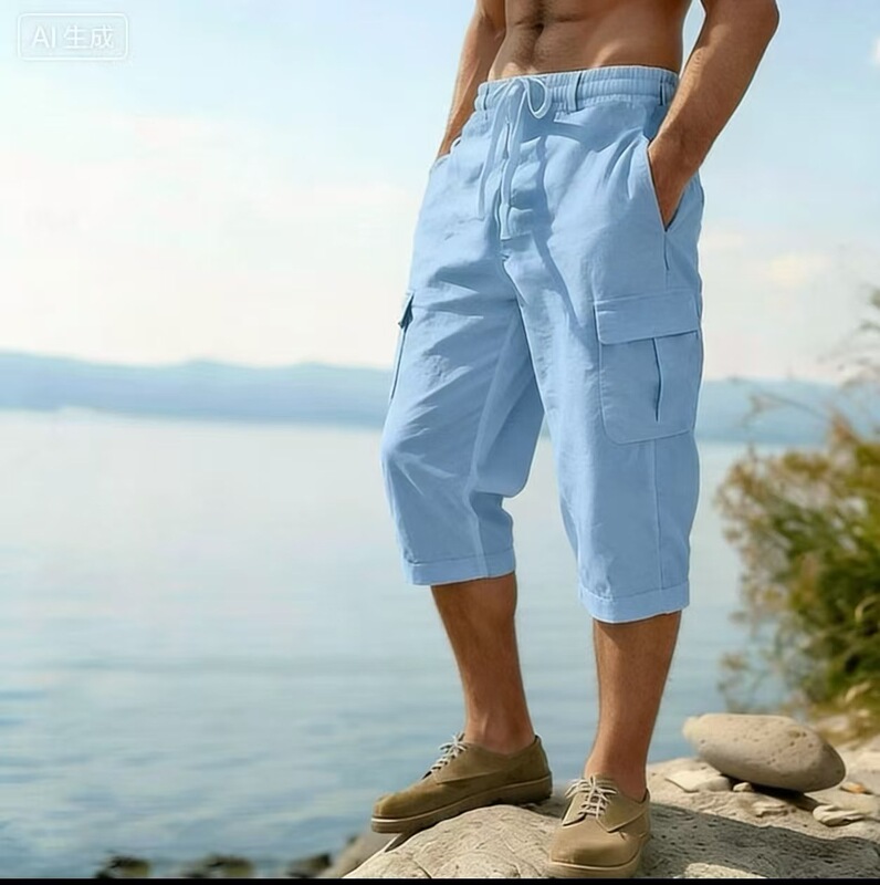 2026 New Men's Cotton and Linen All-Season Thin Breathable Workwear Multi-Pocket Loose Casual Trendy Wide-Leg Cropped Pants