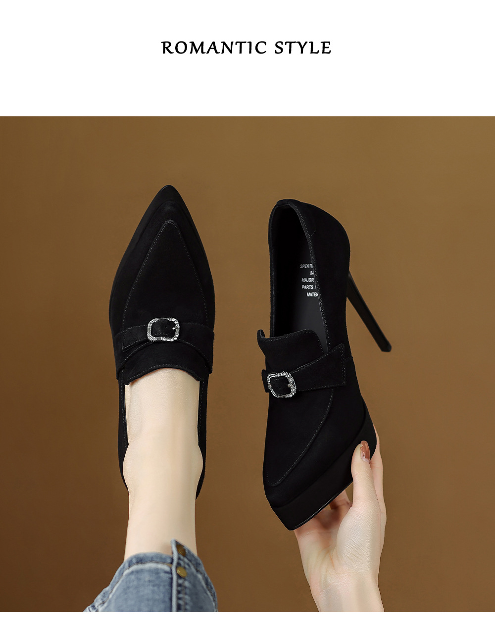 Giày cao gót nữ mũi nhọn gót siêu cao 12 cm đế dày da thật — Đen mờ, Da đen chi tiết 10