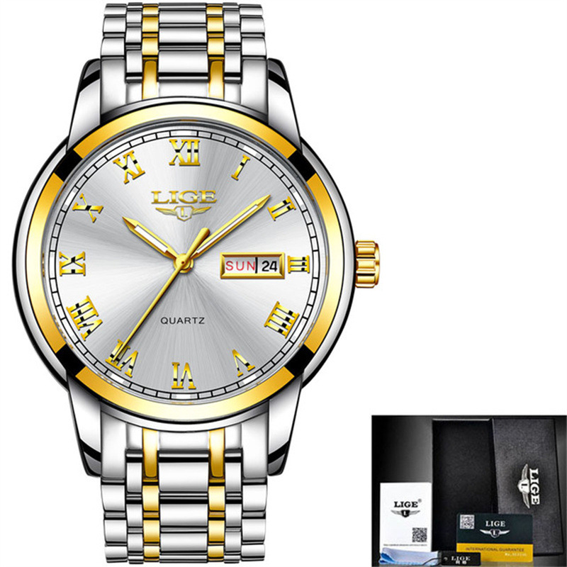 LIGE 9846-Semana banda de acero disco reloj de negocios elegante personalidad calendario hombres reloj casual transfronterizo