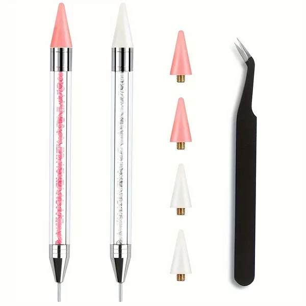 7 Pieces Double Head Dot Drill Crayon suit Send White Pink Sticky Drill Crayon Head Plus Tweezers Dot Drill Nail Art Tools
