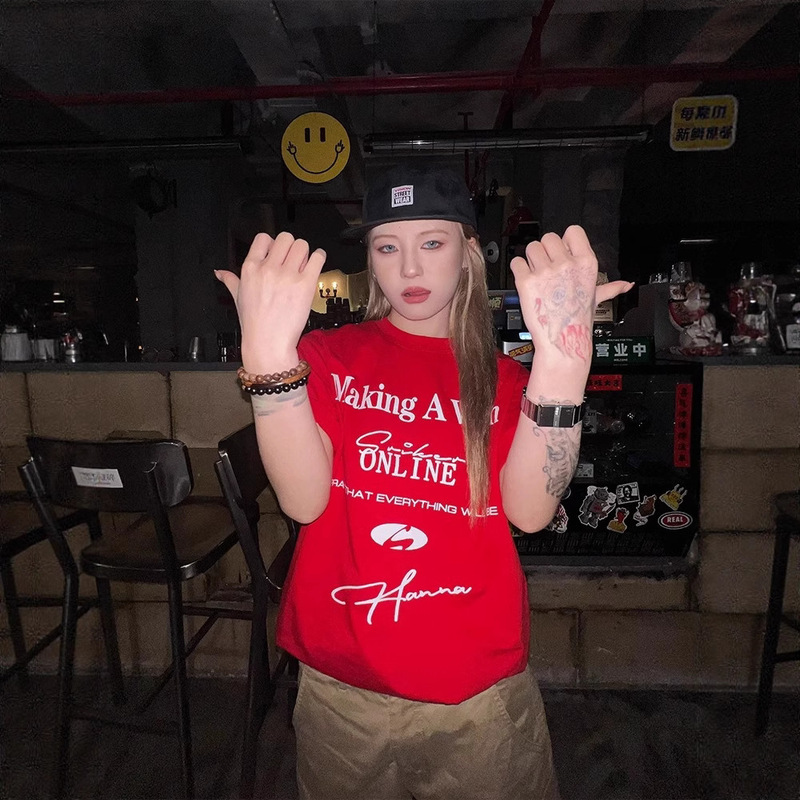 Summer New American Slogan Printed Short-Sleeved Cleanfit Style Round Neck Breathable Cotton Loose Top for Women