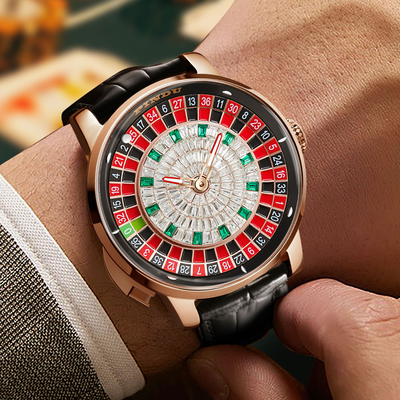 Đồng hồ nam cơ khí tự động mặt số kim cương, lộ máy kiểu roulette — Vỏ hoa hồng, da đen., Da màu xanh vỏ hoa hồng, Vỏ hoa hồng, vỏ xanh., Thắt lưng lưới vỏ hoa hồng