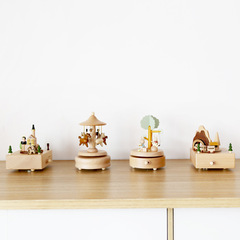 木製音樂盒八音盒創意家居擺件禮品兒童生日禮物旋轉木馬鞦韆兔子