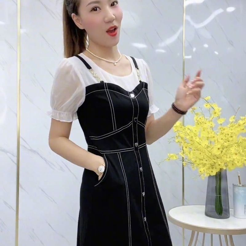 夏季收腰大摆型中长款连衣裙妈妈装减龄洋气显瘦拼接休闲短袖裙子|undefined