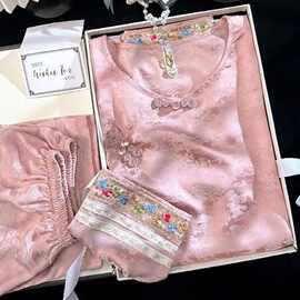 刺绣新中式睡衣女夏季冰丝透气复古中风民族古装提花家居服薄款