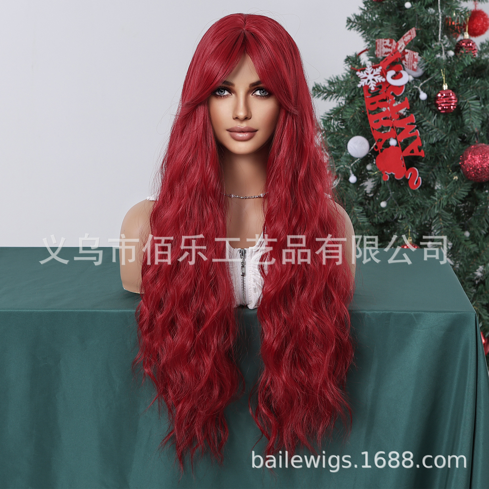 Peluca europea y americana burdeos, flequillo Qi, cabello largo y rizado, cubierta de cabeza completa, fibra química, wigs, punto transfronterizo al por mayor