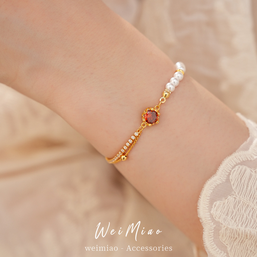 18k oro real electrolito piedra de diamante cuentas pulsera de perlas redonda ligera pulsera de nicho de lujo exquisita personalidad joyería de pulsera