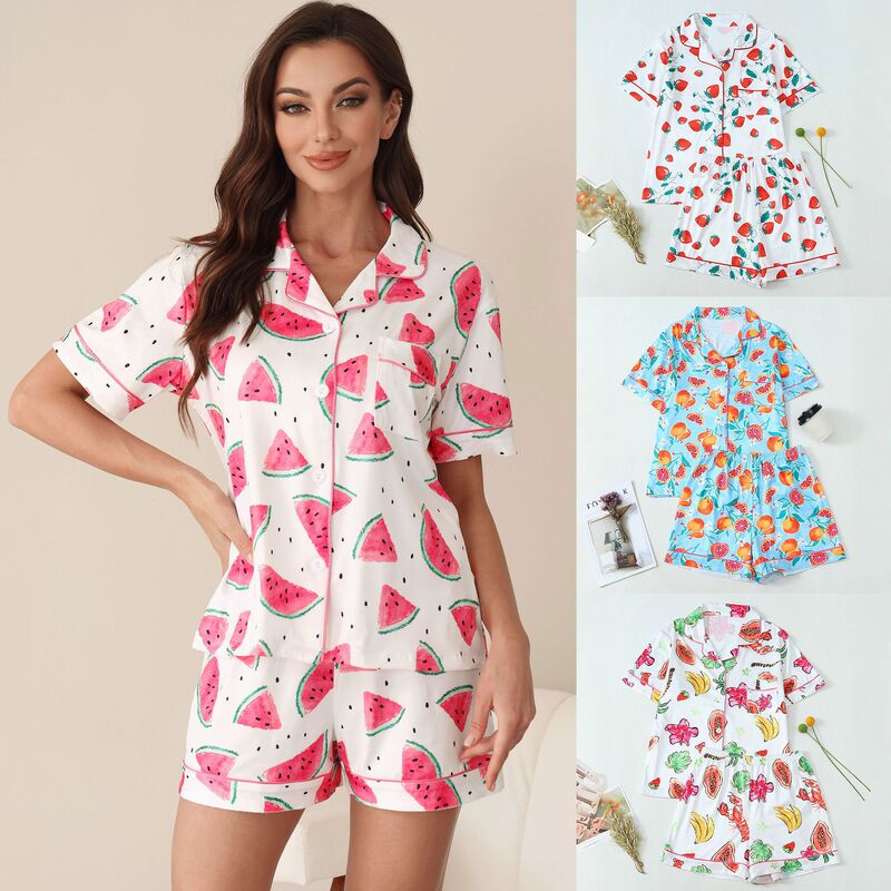 Europe and the United States cross-border new cardigan pajamas fashion fruit printing casual cardigan short sleeve shorts home clothes suit women