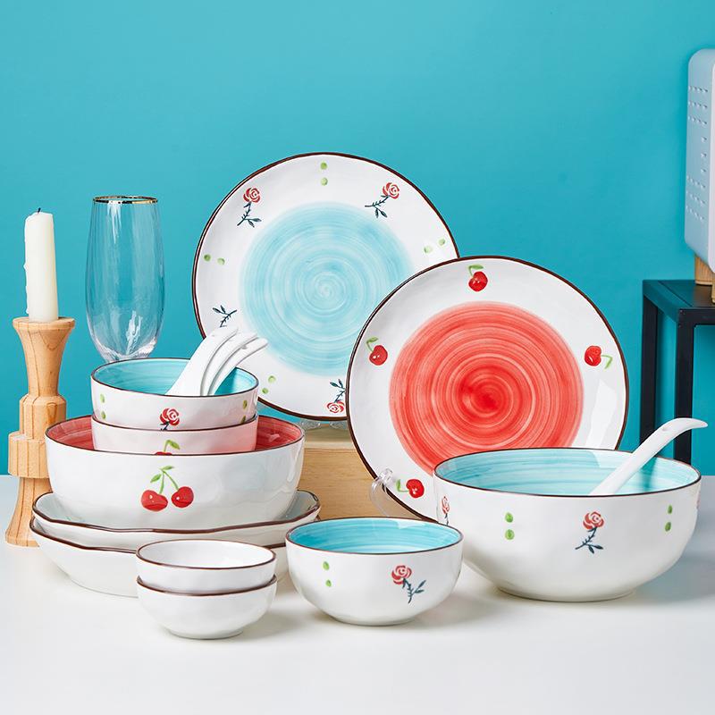 Tableware Rose Flower Household Japanese Set Cherry Popular Ceramic Rice Bowl Dish Plate Creative Ins Style Dinner Plate