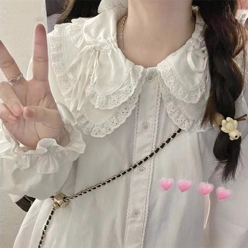 Spring and Autumn Japanese Style Soft Girl Cute Lace Doll Collar Lace Long Sleeve Shirt Women's Loose All-match Shirt Top