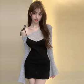 2024早秋季曲线新款时尚纯欲性感拼色裙子不规则修身显瘦连衣裙女