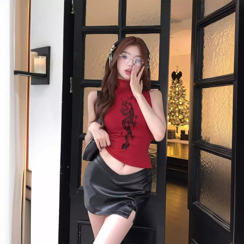Red Printed Sleeveless High-Neck T-Shirt Women's Spring and Summer New Spice Girl Elegant Slim-Fit Slimming Inner Top