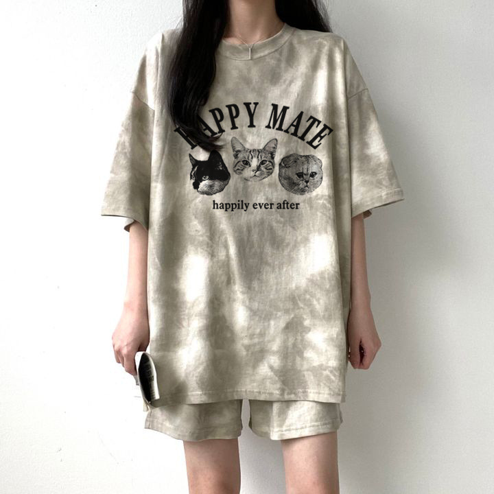 5 Color Special Offer Summer Sports Cat Tie-Dye clothing suit Women's Casual Two-Piece Set with Zipper Short Sleeve Korean Style
