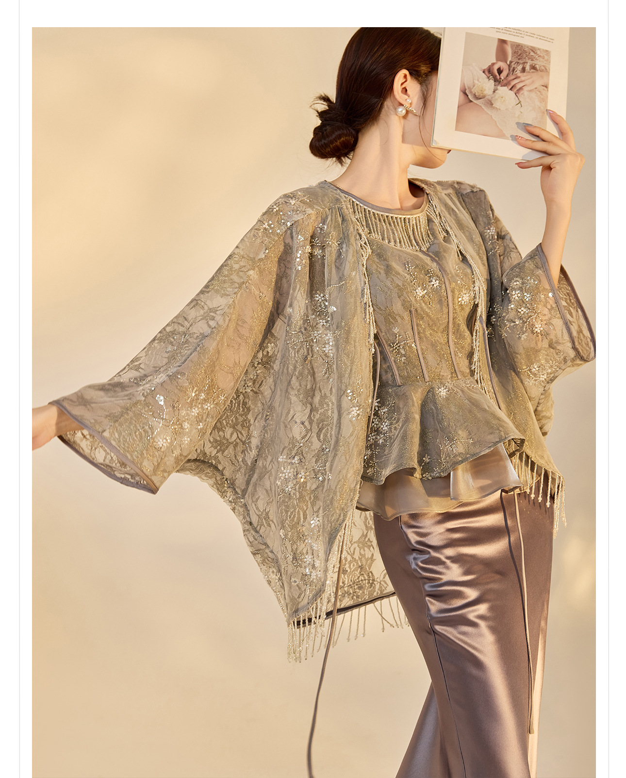 Set áo khoác jacquard thêu kim tuyến và chân váy phong cách Trung Hoa mới mùa hè — Màu xám nửa váy, Trang chủ chi tiết 8