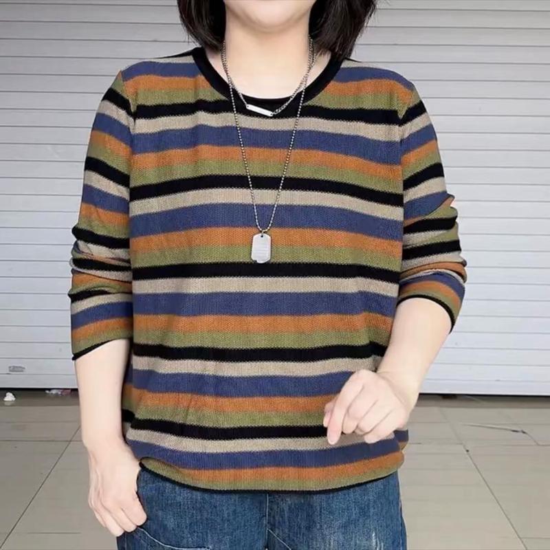 秋季复古慵懒风条纹t恤女漂亮时尚减龄休闲长袖上衣洋气百搭小衫|undefined