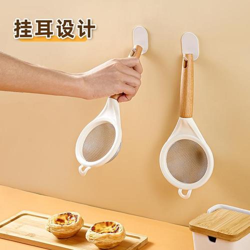 Wood-handled stainless steel flour sieve, kitchen home baking fine mesh sugar sieve, juice soymilk strainer