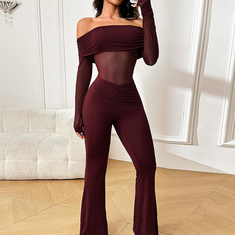 Xy24562 Autum 2025 New European and American Style Street Trendy Mesh Splicing One-Shoulder Long-Sleeved Jumpsuit for Women