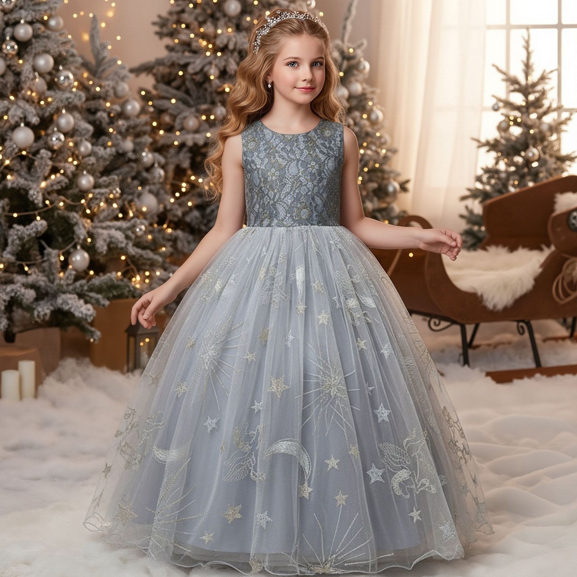 (Cross-border trading), children's dress, starry sky, long skirt, with embroidery, Birthday gift 3