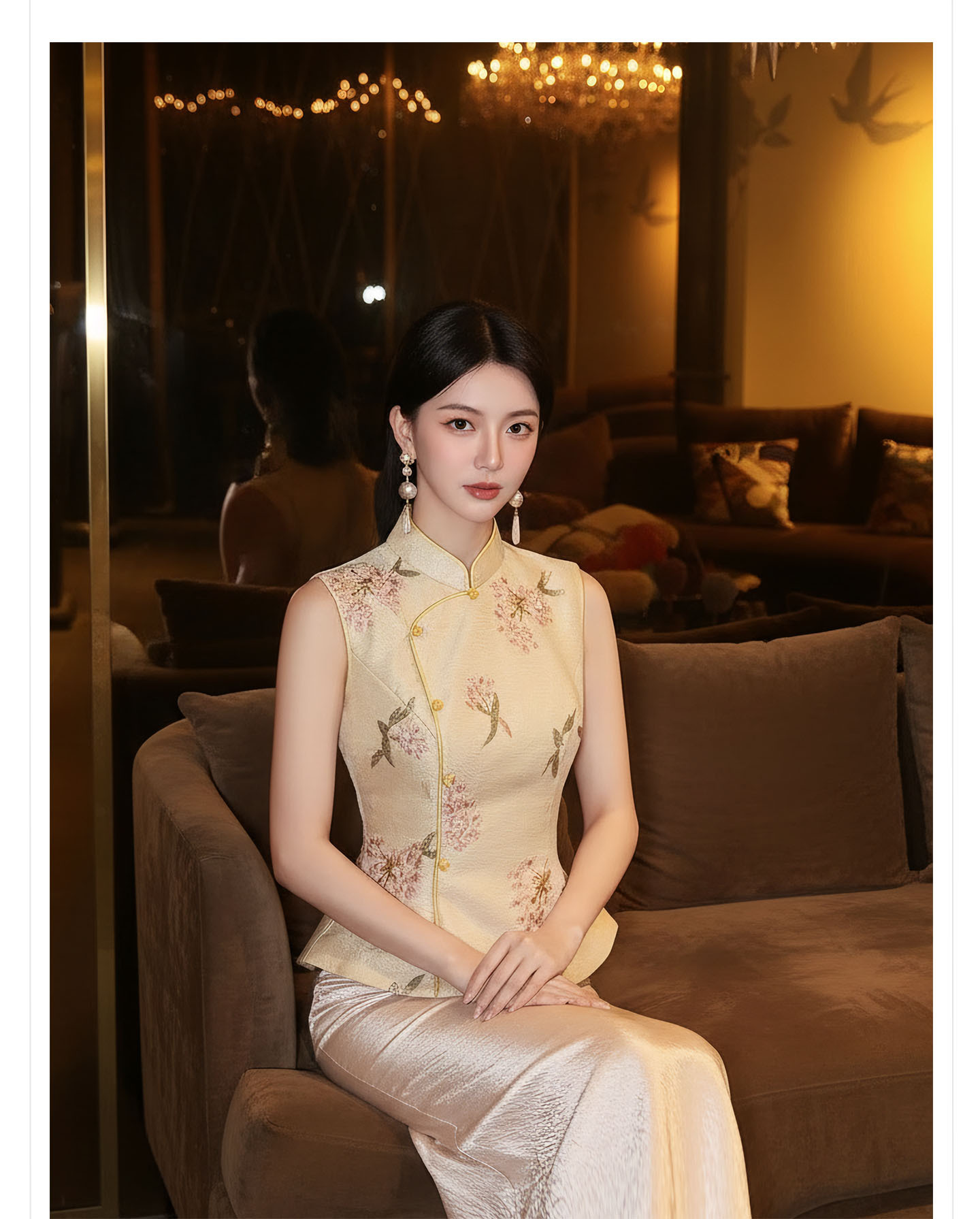 Bộ váy nữ phong cách Trung Hoa mới gồm áo choàng vai, áo khoác gile và chân váy nửa dài, họa tiết thêu hoa văn, tua rua — Mây vai, Trang chủ, Champagne màu nửa váy chi tiết 7
