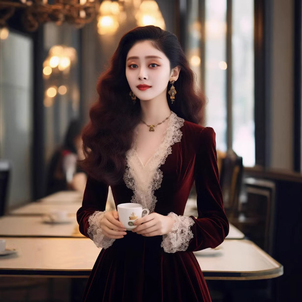 FL240941 temperament rebellious daughter style slim princess dress high sense palace style red velvet dress