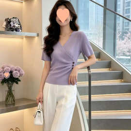 好看交叉V领紫色针织衫短袖T恤女2026夏胖mm收腰显瘦不规则上衣