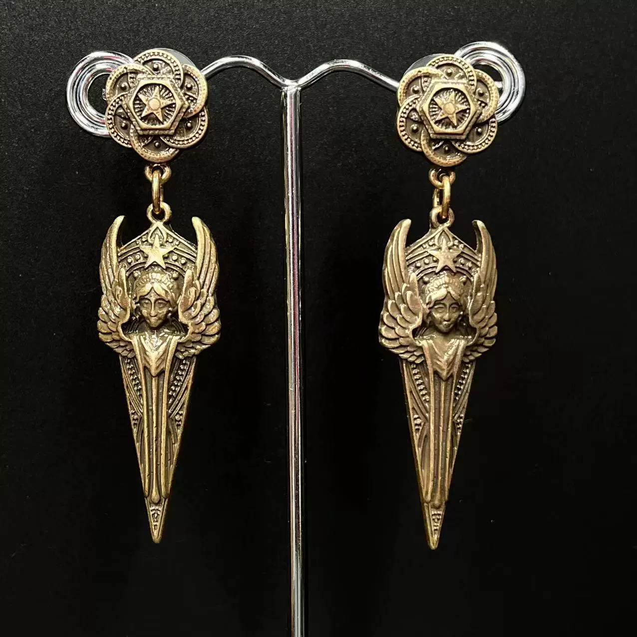 中古素金天使耳饰耳环高级感美拉德宫廷复古翅膀星星重工做旧耳饰