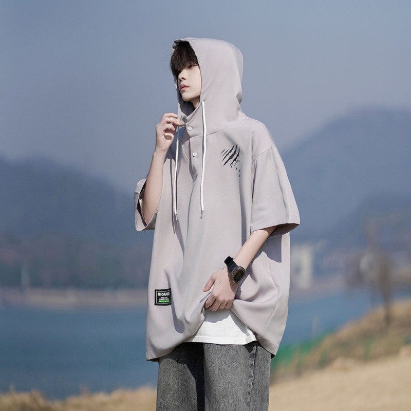 아메리칸 스타일 후드 반팔 새로운 트렌디 브랜드 여름 청소년 남성 탑 루즈 트렌디 캐주얼 티셔츠 반팔 스웨트 셔츠