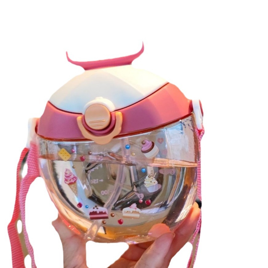 Paja de los niños taza agua crossbody lindo creativo cuerno dibujos animados plástico kindergarten bebé rebote cubierta con cerradura