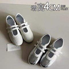 目に見えないインナー高さのレディースシューズ、シルバーベルクロメリージェーンシューズ、女性用多用途ラウンドトゥカジュアルシューズ、フラットバレエシューズ