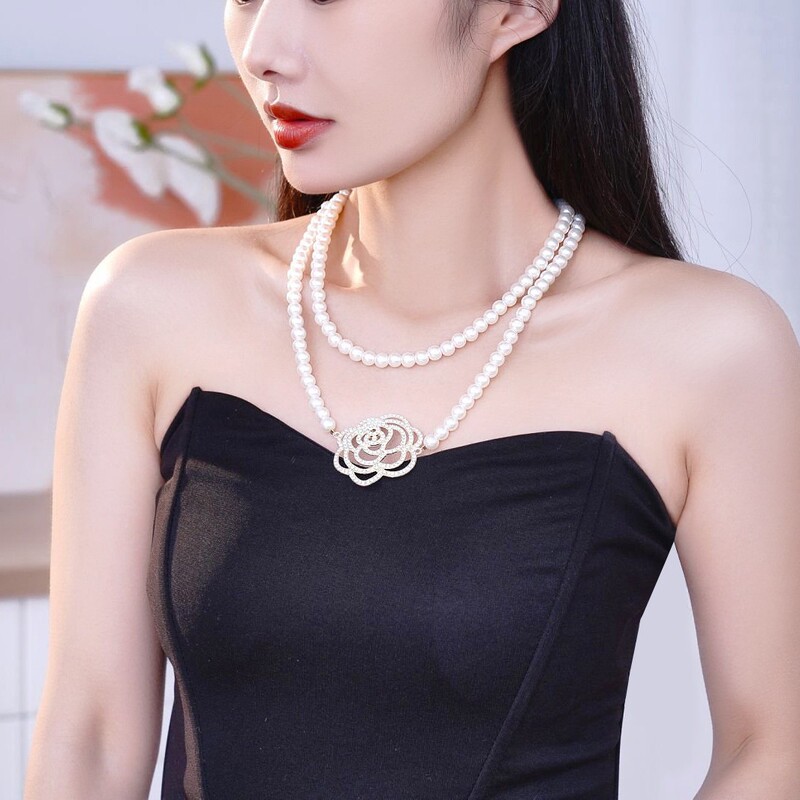 NK-22 Camellia Pearl Necklace Long All-match Light Luxury Stacked High-end Distinctive Woolen Chain