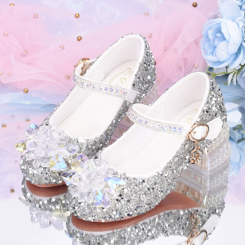 Трансграничные поставки Серебряные туфли принцессы со стеклянными стразами на высоком каблуке для девочек, детская кожаная обувь, модельная обувь, обувь для выступлений