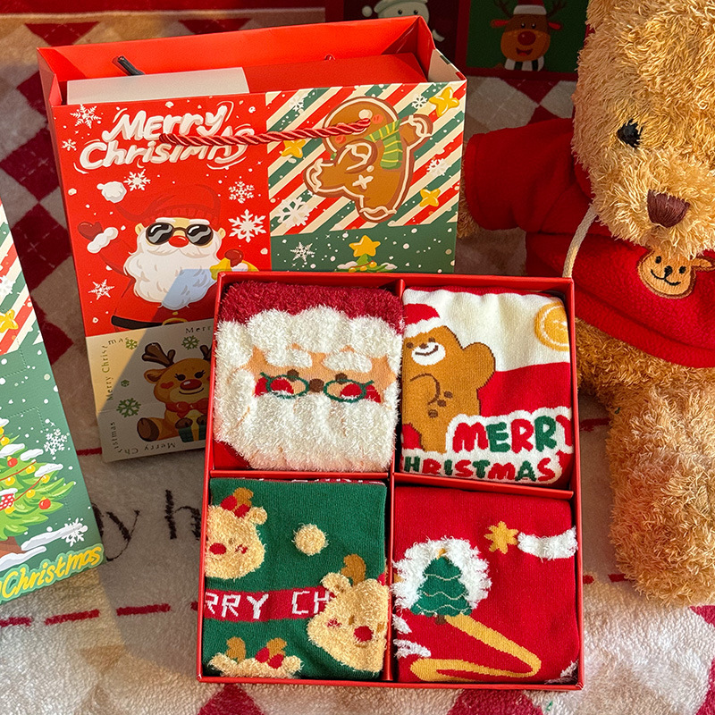 Calcetines navideños calcetines de tubo medio cajas de regalo calcetines niños dibujos animados calcetines de algodón de invierno calcetines de regalo parejas calcetines rojos y encantadores de año nuevo image 7