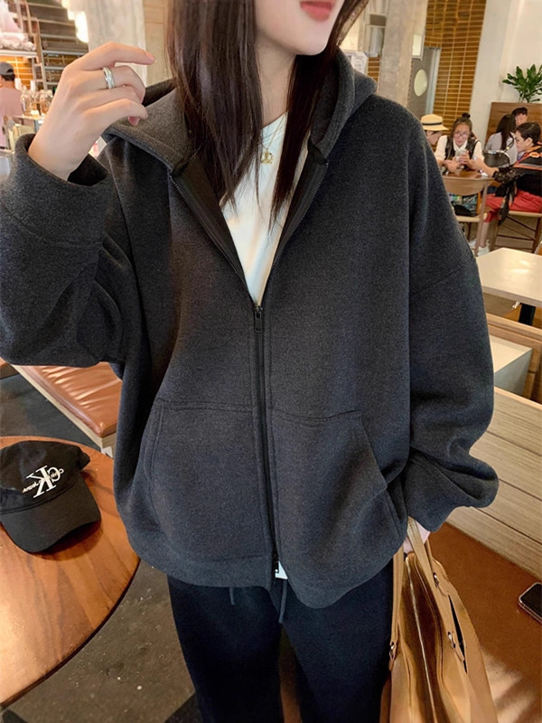 韩版复古磨毛拉绒 廓形双拉链卫衣女秋冬加绒加厚宽松连帽外套|undefined