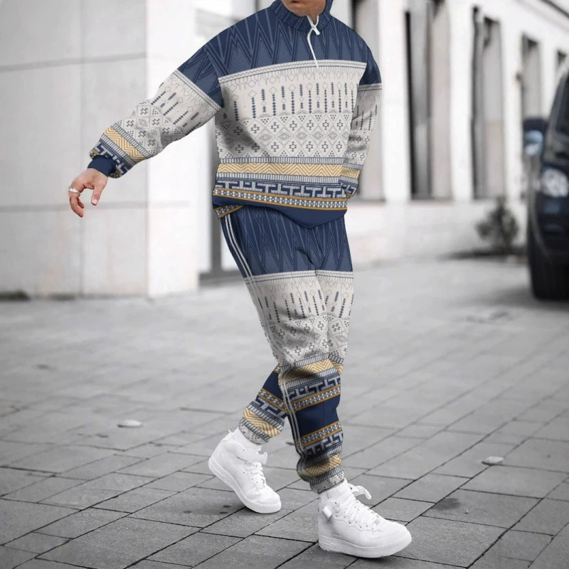 Новый модный мужской костюм с круглым вырезом, 3D-печатью, молнией и длинными рукавами для спорта и отдыха, в стиле Amazon.