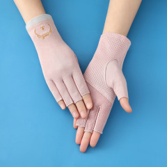 Summer thin cartoon half-finger touch screen gloves sun protection women's cycling and driving anti-UV gloves two-finger gloves