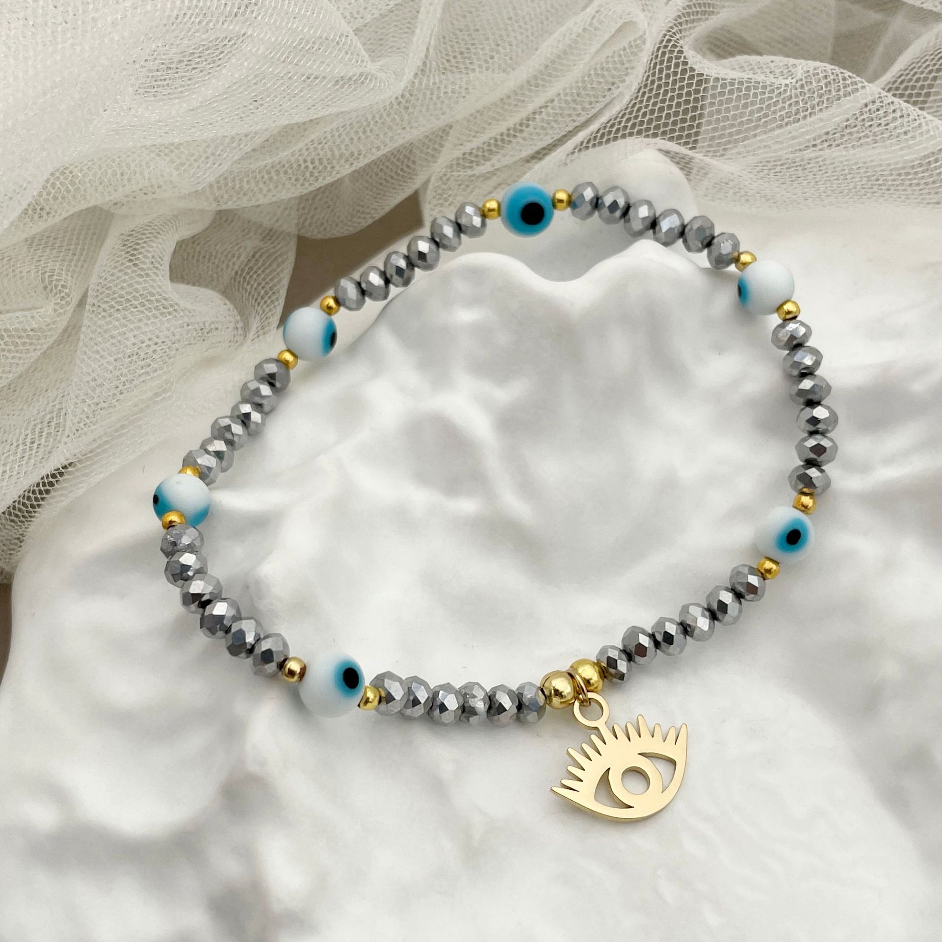 Bracelets Classification 304 Stainless Steel Chain Material 1 Piece Quantity Fashion Devil'S Eye 304 Stainless Steel Beaded 14K Gold Plated Stainless Steel Bracelets In Bulk